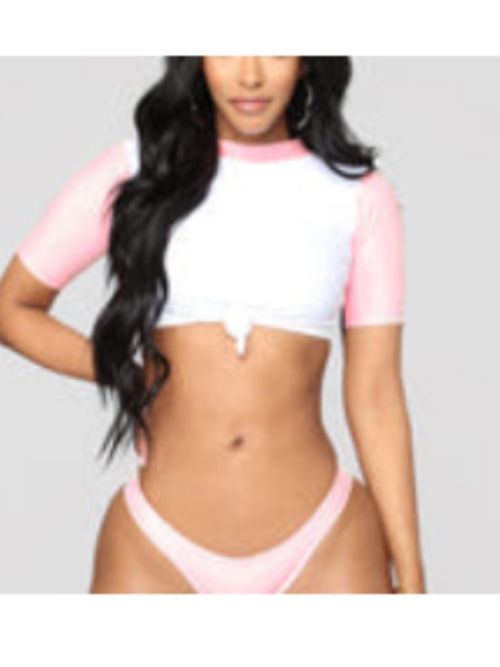 Cropped Pink & White Tie-Front Rash Guard Top